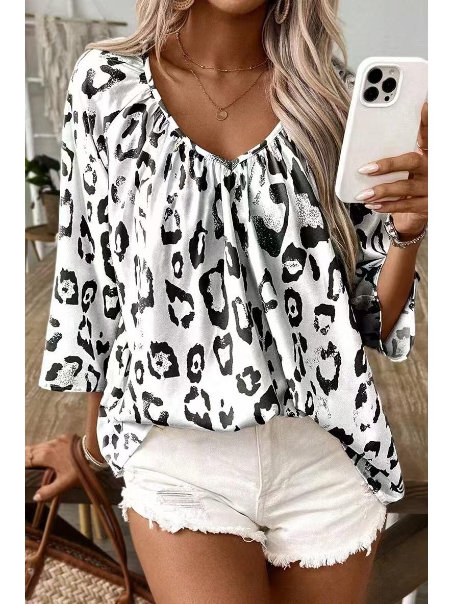 

Рубашка цвета хаки с леопардовым принтом, глубоким V-образным вырезом и сборками - Весенне-летняя женская мода, рукав три четверти 2024 3XL чёрный