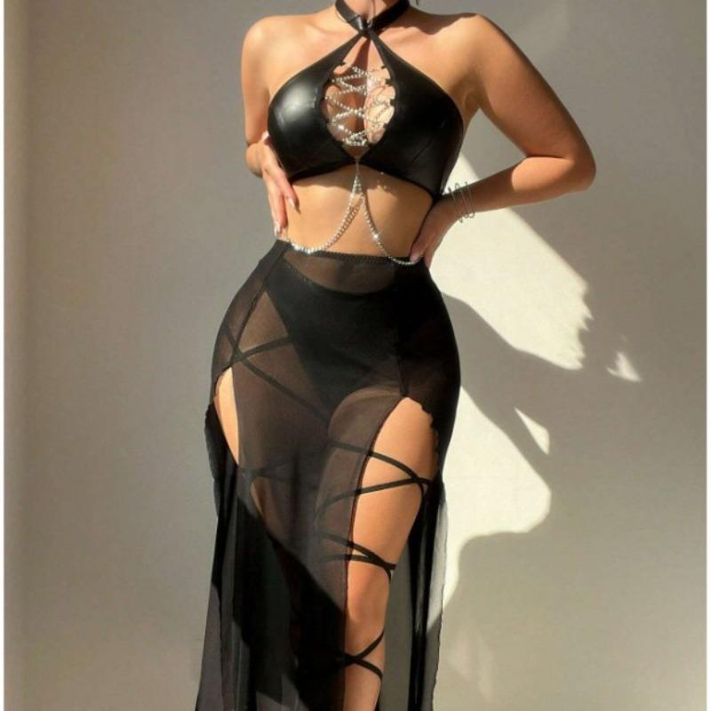 Supply New Sexy Nightclub Chain Chain Hollow Thin Transparent Gauze Skirt Sex Underwear Set