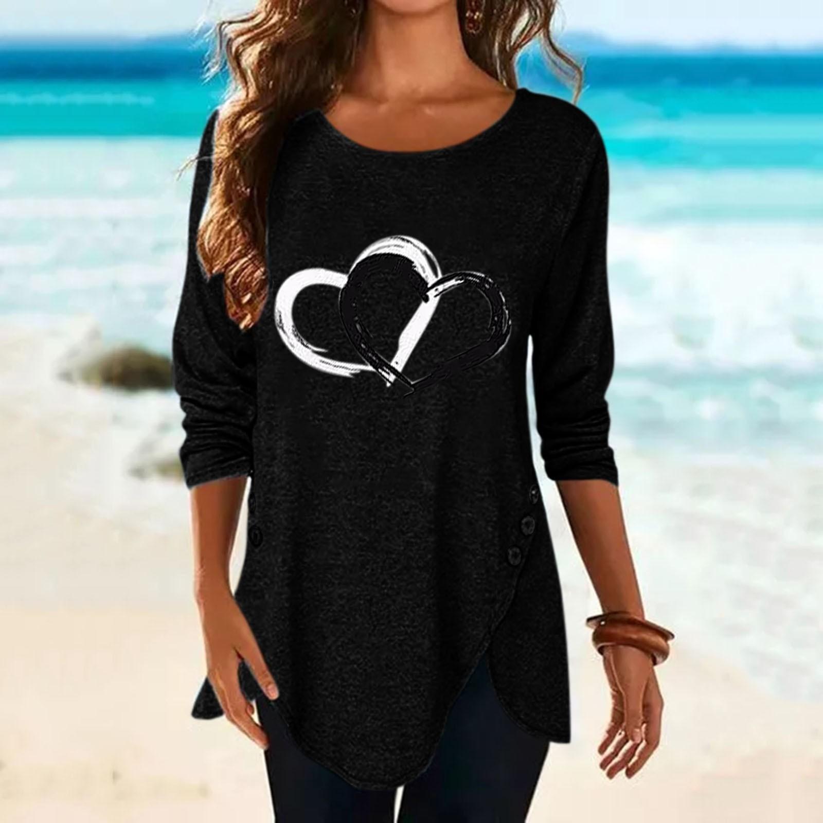 Women s  And Winter Top Button Heart Print Irregular Long Sleeve T-Shirt Sweater XXL чёрный