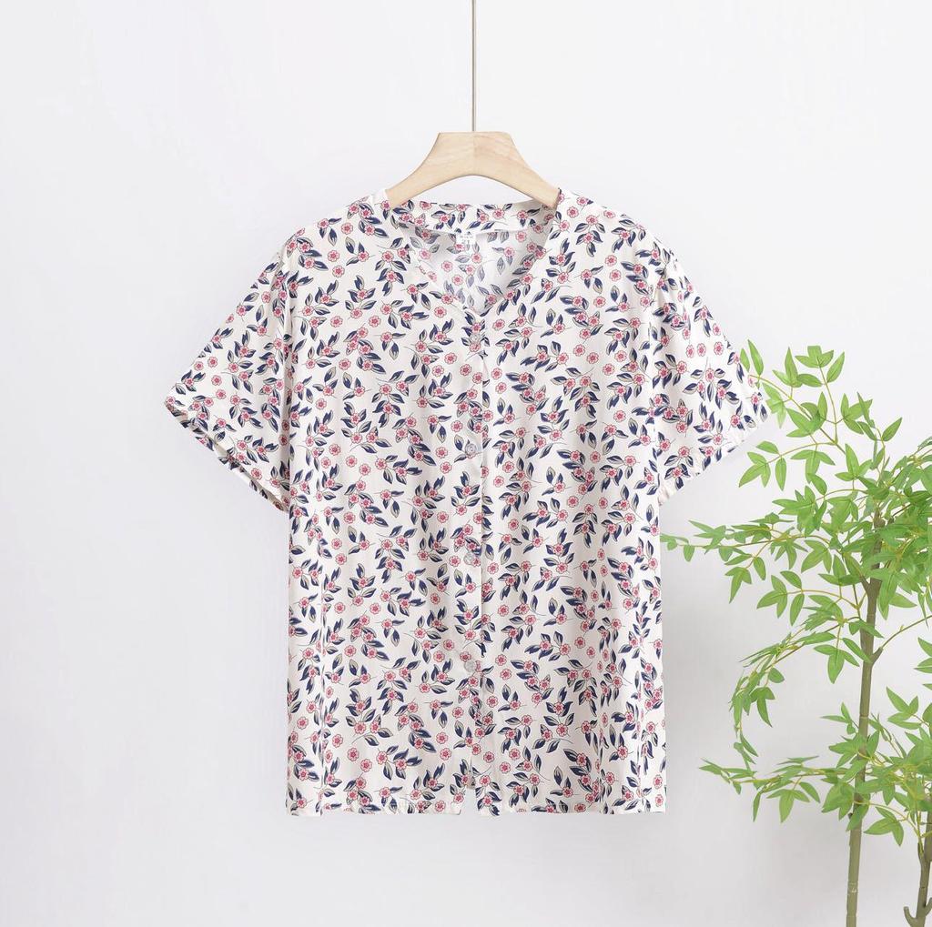 2025 Summer Floral Print V-Neck Button Short Sleeve Loose T-Shirt