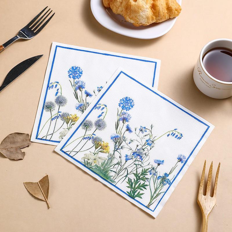 20 st/förpackning Blå Blommor Serie Papper Cocktail Fyrkantiga Middagsservetter För Bröllop Födelsedag Babyshower Dekoration