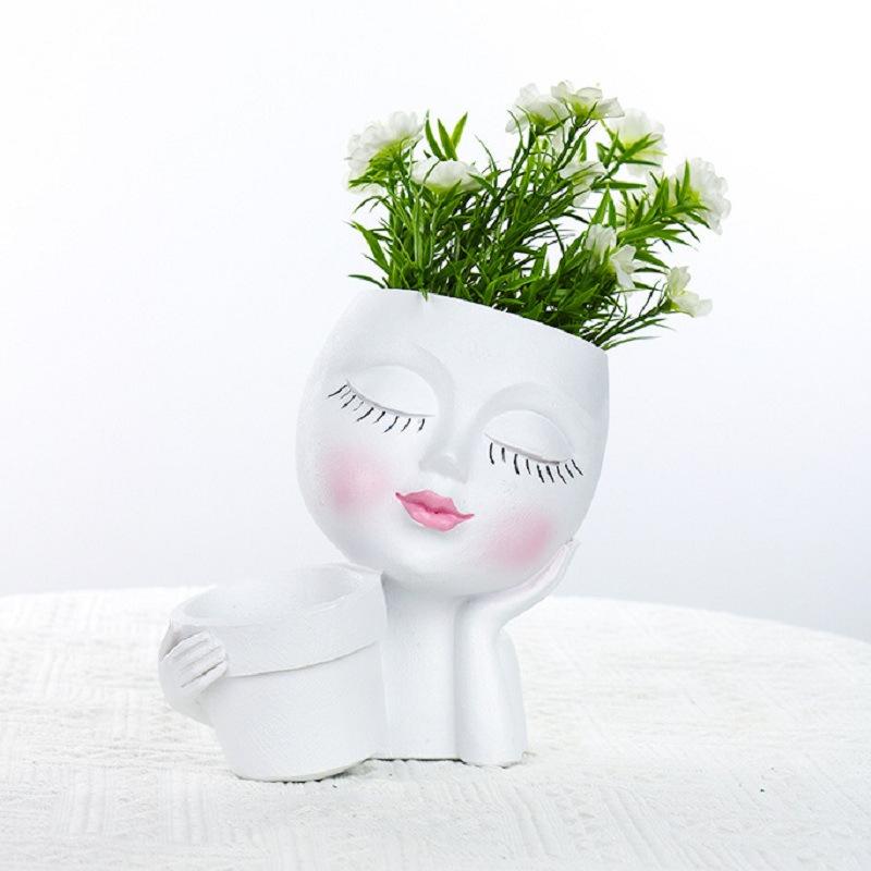 Face Planter Pot - Double Flower Pots in One for Indoor Outdoor Plants Resin Head Planter with Drainage Hole Cute Lady Face