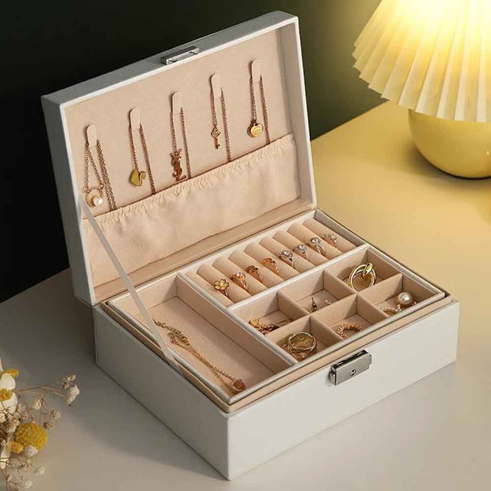 Double Layer Jewelry Box PU Leather Organizer with Lock for Earrings Rings Necklaces Bracelets Storage Case