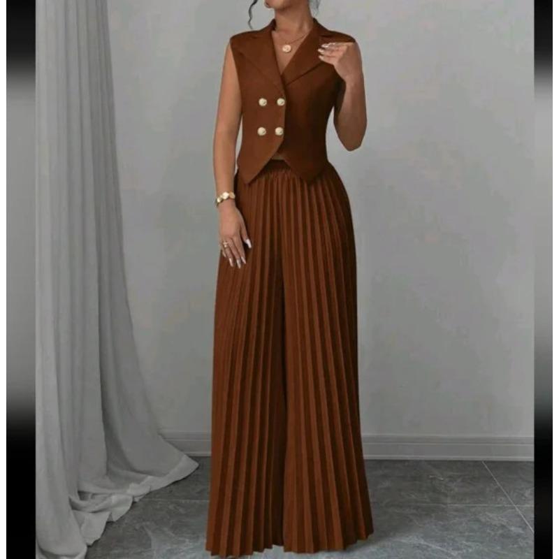Women's Sleeveless Double Breasted Blazer Vest Two Piece Set High Waist Pleated Wide Leg Pant Elegant Casual Outfit