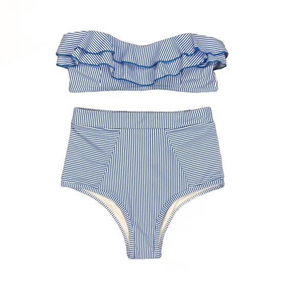 2Pcs/Set Women Bikini Set Ruffle Trim Bandeau Padded Push-Up Bra High Waisted Briefs Set Striped Print Beachwear