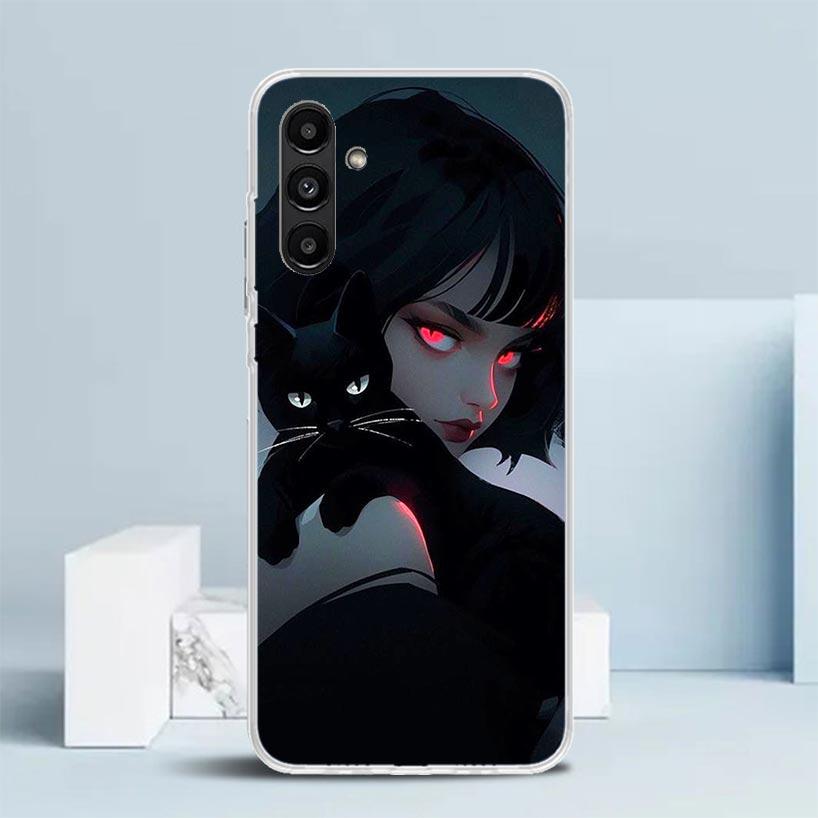 Anime Girls Cute Black Cat Phone Case For Samsung Galaxy A17 A37 A57 A16 A15 A14 A13 A56 A55 A54 A53 A36 A35 A34 A33 A26 A25 A24