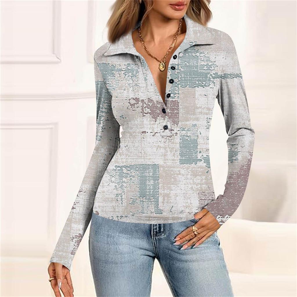 Women's Fashion Casual Printed V-Neck Long Sleeve Button-Down Top