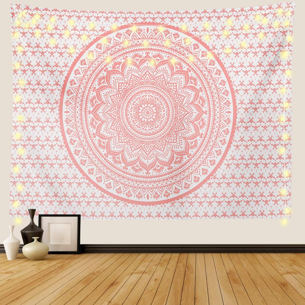 

VIKAMA Pink Mandala Boho Tapestry Soft Coral White Floral Print Wall Hangingfor Bedroom Yoga Room Decor 74x94cm(29x37in)