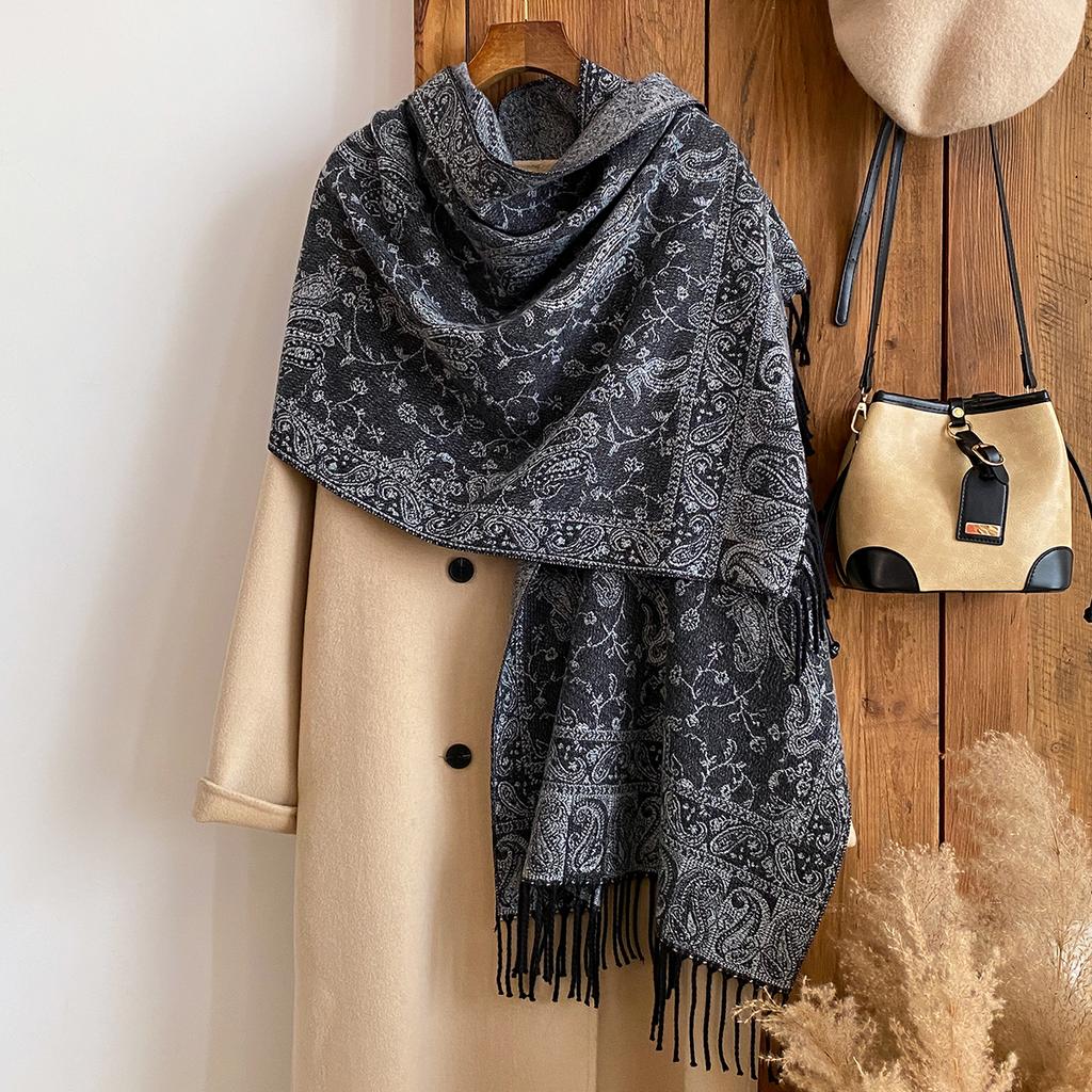 Women'S Winter National Style Paisley Print Thick Pashmina Shawl  Warm Long Tassel Scarf Cold-Resistant Poncho Stoles