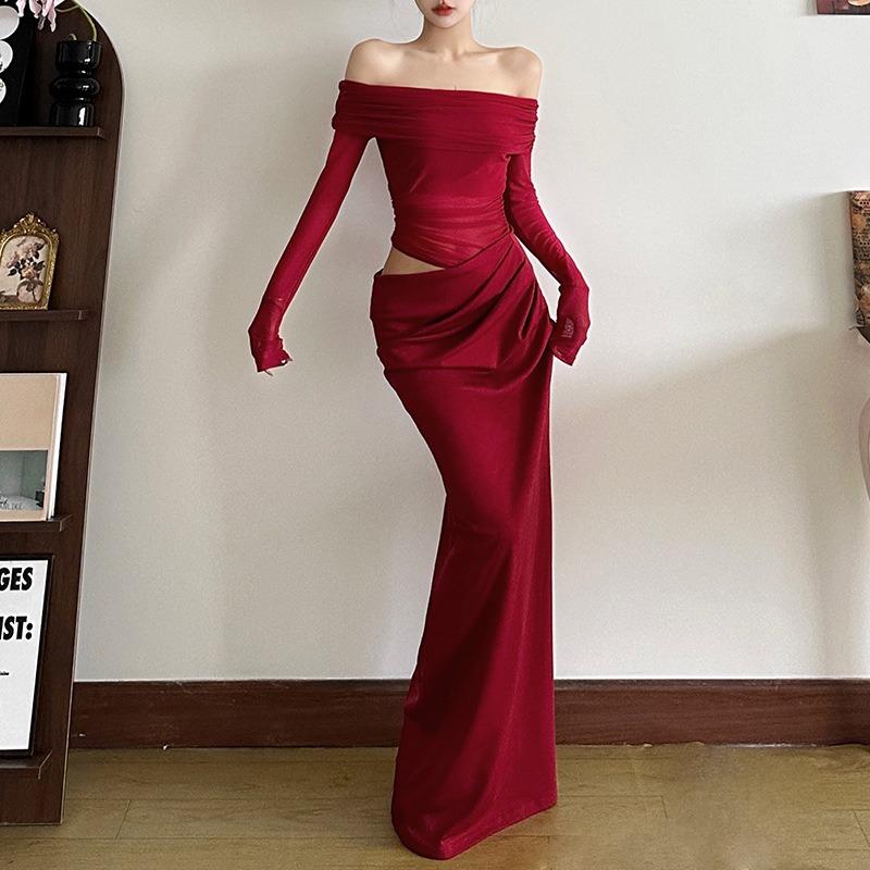 Spring New Women's Clothing Temperament Sexy One-word Shoulder Mesh See-through Long Dress Women