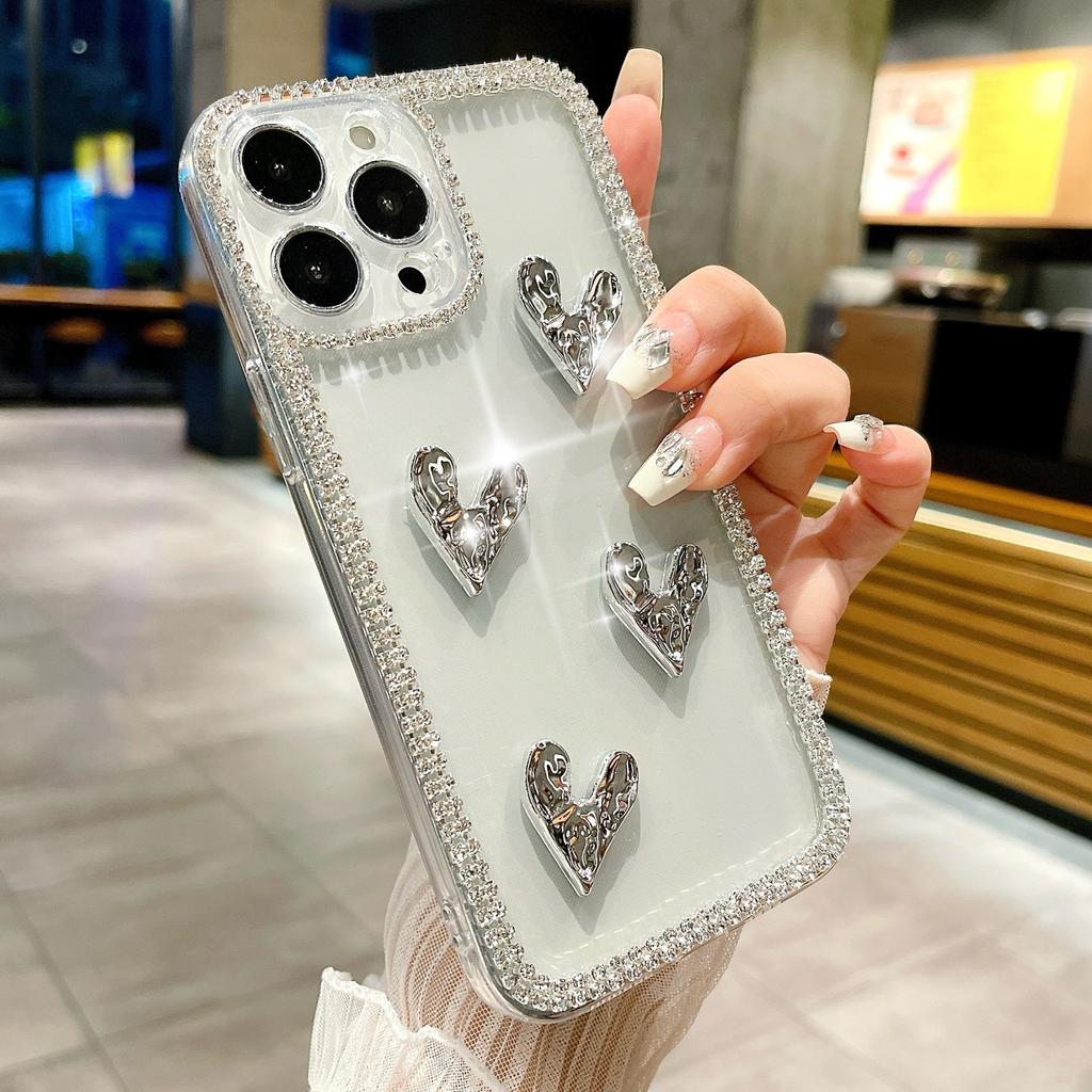 For iPhone 16 Pro Max Case Rhinestone Edge Electroplating Heart Shape Decor Soft TPU Phone Back Cover