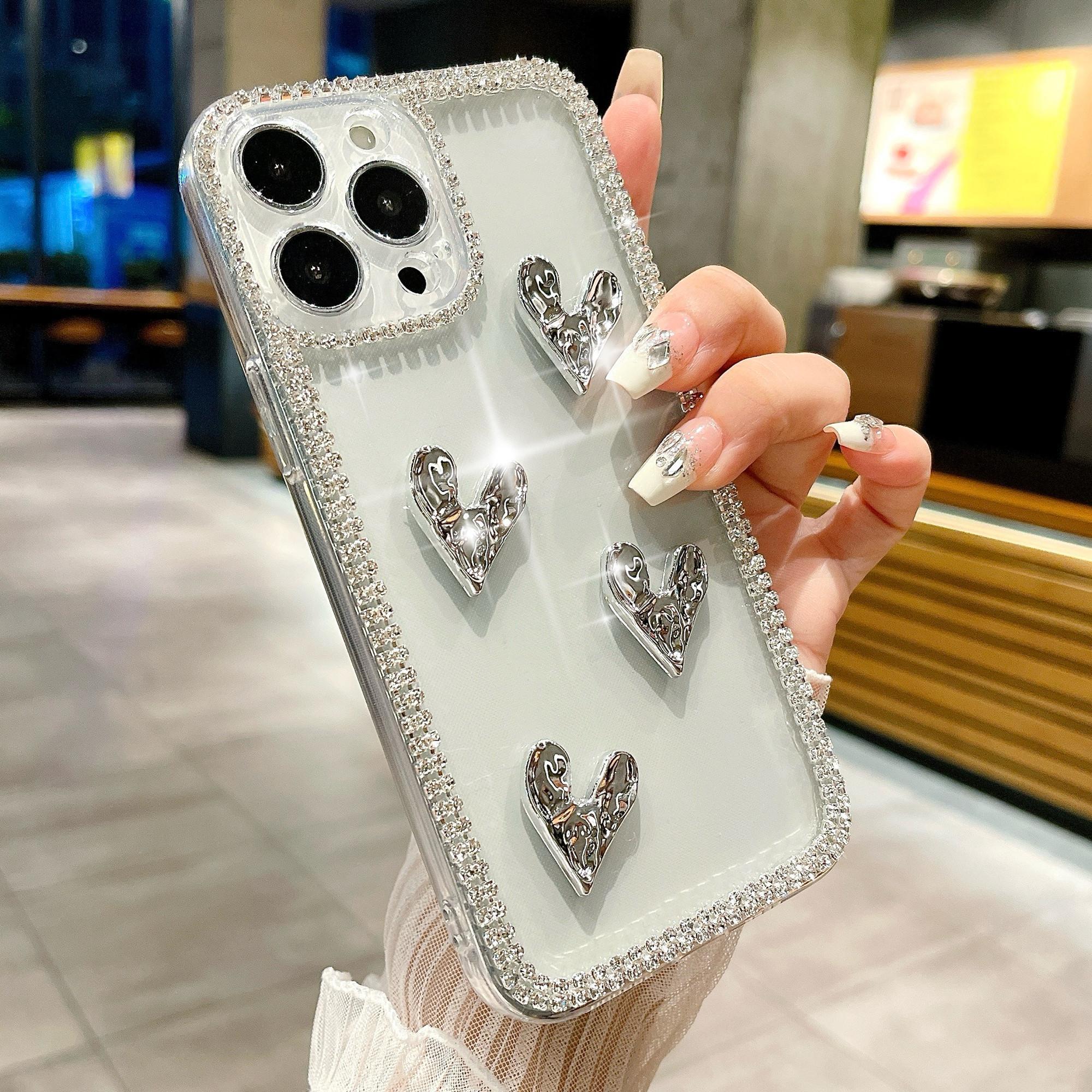 

For iPhone 16 Pro Max Case Rhinestone Edge Electroplating Heart Shape Decor Soft TPU Phone Back Cover As Shown A