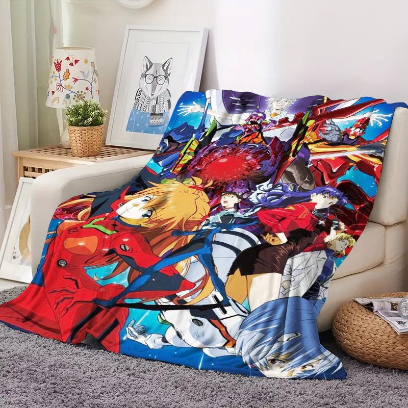 Neon Genesis Evangelion Group Anime Flannel Throw Blanket, Soft Blanket for Sofa Bed, Mecha Character Print Home Decor