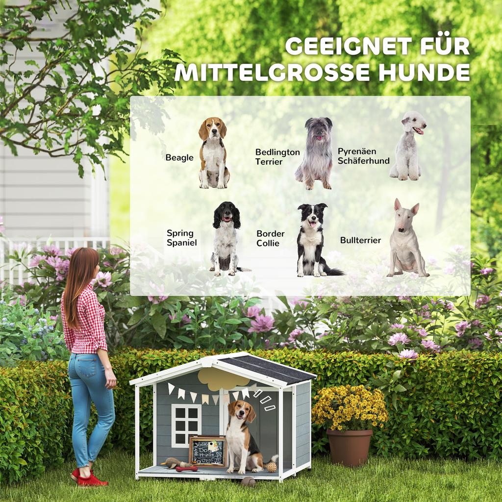 Dog House Weatherproof Elevated Dog House Made of Wood with Asphalt Roof, Terrace, for Medium-Sized Dogs 103x107x83.5cm Grey