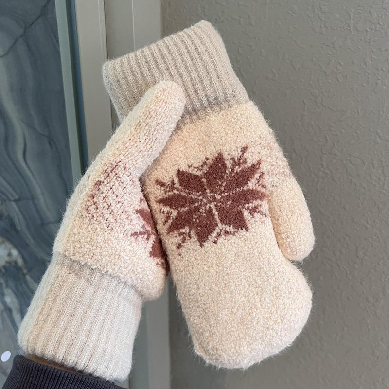 Fleece Thickened Snowflake Gloves Winter Female Warm Windproof Cold Students Outdoor Cycling Even Finger Tide