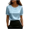 Women's O Neck Short Sleeve Satin Top Loose Fit Elegant Blouse Pearl Beaded Casual Shirt