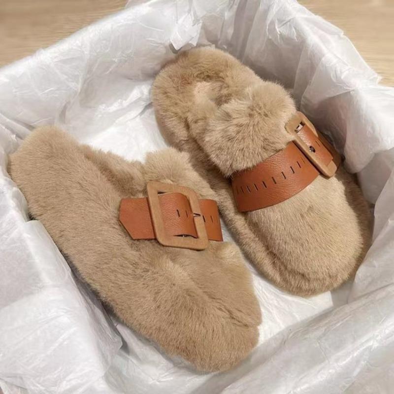 Autumn and Winter Mao Mao Slippers Women's New High-value Belt Buckle Niche Design Cotton Slippers Trendy Outside