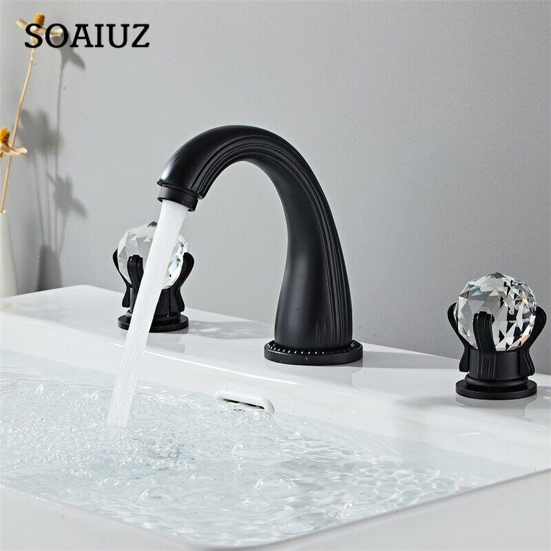 Bathroom Basin Faucet Black Sink Tap Brass Gold Faucet Bathroom Sink Faucet 3 Hole Crystal Handle Hot And Cold Water Tap