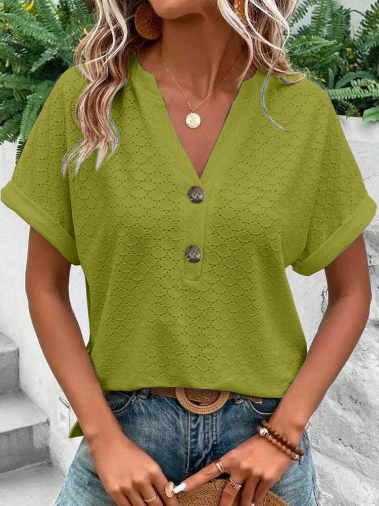 2025 Spring/Summer New Women's Fashion Casual Solid Button V-neck T-shirt for Women