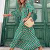Women Bohemian Geometric Print Long Maxi Dress Lantern Sleeve V Neck Loose Casual Spring 2026 Travel Party Outfit