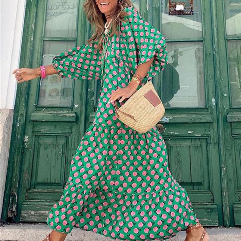 Women Bohemian Geometric Print Long Maxi Dress Lantern Sleeve V Neck Loose Casual Spring 2026 Travel Party Outfit