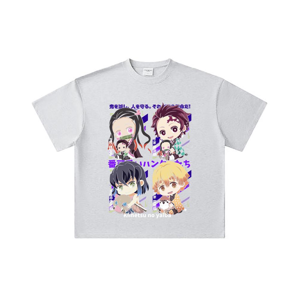 Camiseta Unissex de Algodão Pesado 260 GSM Fio Duplo 32 Contagem 100% Algodão Demon Slayer V80 Hashiras Estampa Chibi