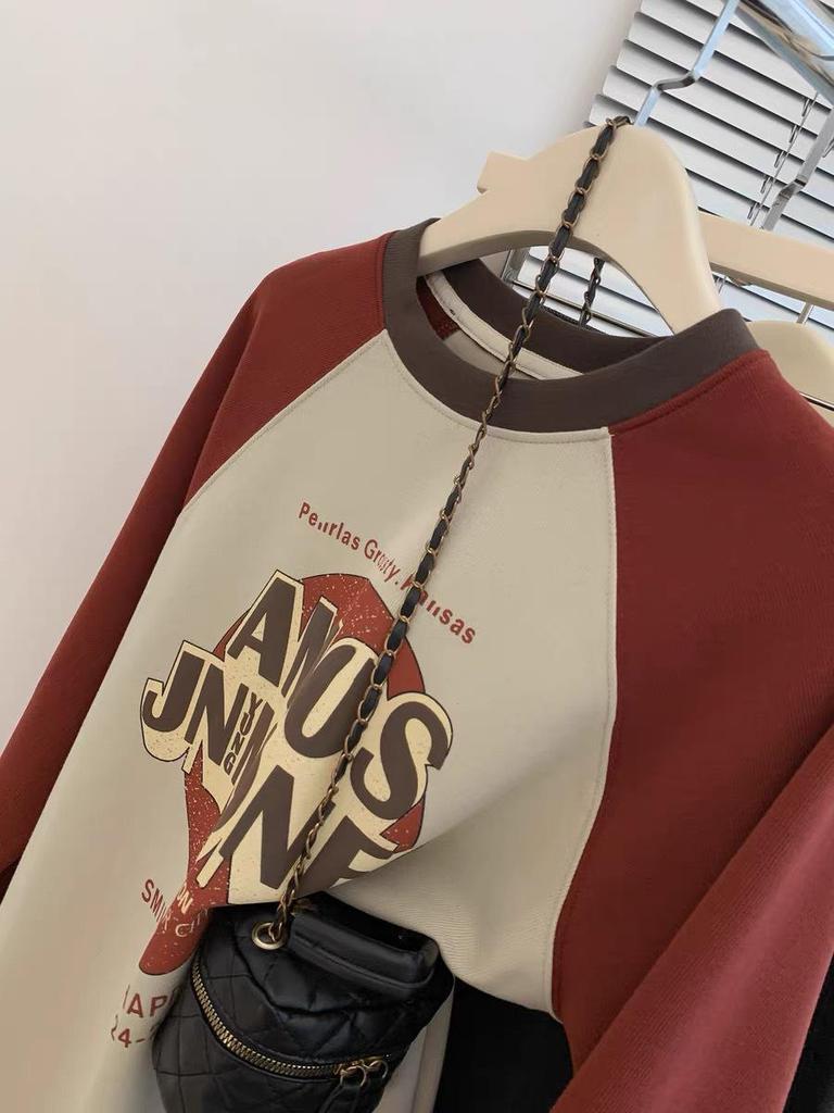 European-Style Plus Size 240 Jin Brushed Raglan Contrast Long Sleeve Women's Thermal Fleece Top for Early Spring/Autumn