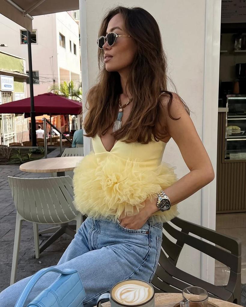 2025 Sommer Europäisches & Amerikanisches Seidennetz Spaghetti-Träger Tanktop – Damen Puffsaum Kurzes Top