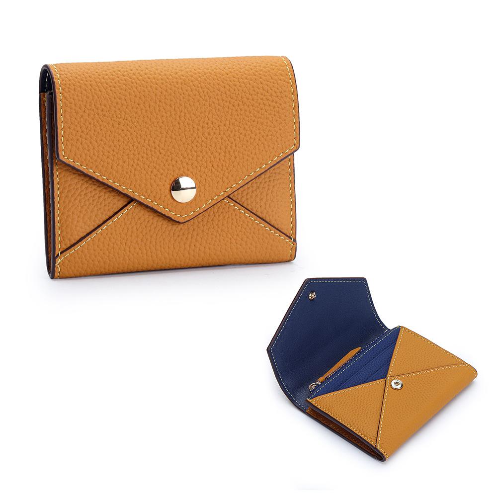 Short Envelope Wallets Genuine Leather Small Wallet for Women Credit Card Holder Compact Leather Hasp Purses with Zipper Pocket