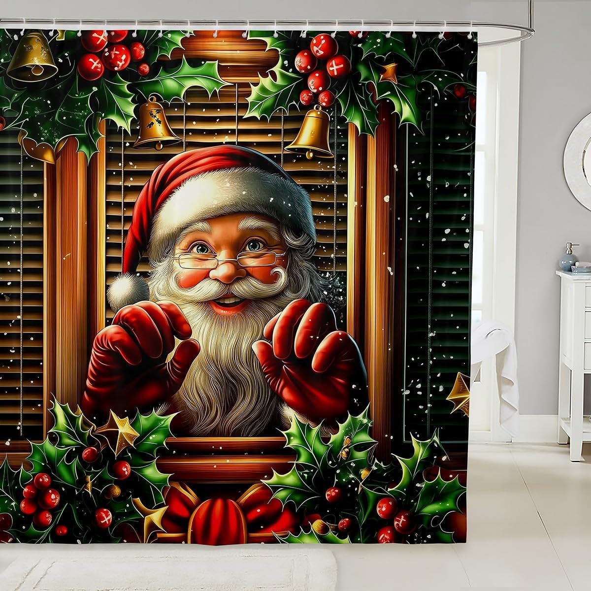 

Christmas Happy Santa Claus Shower Curtain Red Xmas Decorations Fabric Shower Curtain,White Snowflake Bathroom Shower Curtain W60H190(CM)-1 Pcs