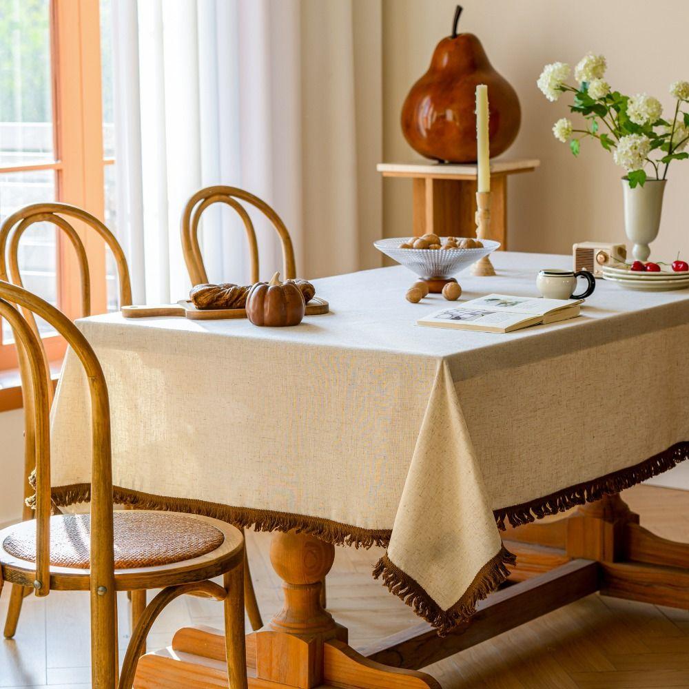 Tassel Tablecloth Linen Textured Table Cover Anti-scratch Table Cloth