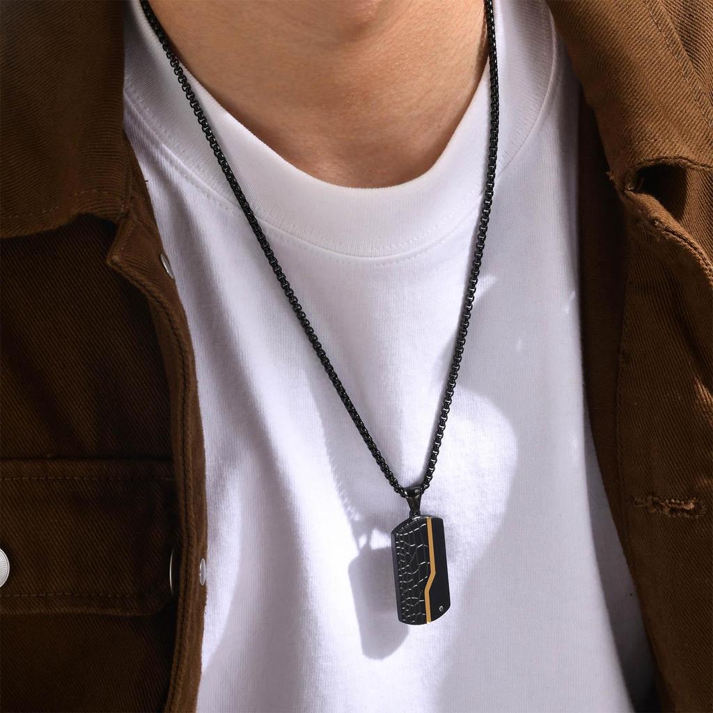Engravable Black Titanium Steel Dog Tag Pendant Necklace with White Zircon