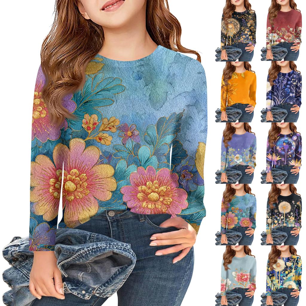 Dívčí trička s dlouhým rukávem Dětské podzimní topy Kulatý výstřih Potištěná základní trička