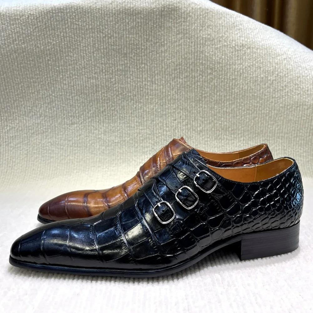 Fashion Men's Winter Genuine Leather Dress Shoes Lace-Up Formal Oxfords with Buckle for Wedding Business Office Black/Brown