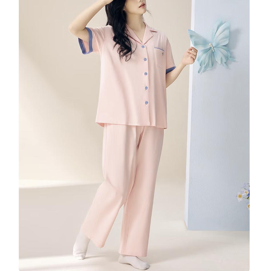 Hodohome Women's Pure Cotton Pajamas Spring Summer Short Sleeve Long Pants Comfort Cotton Loungewear