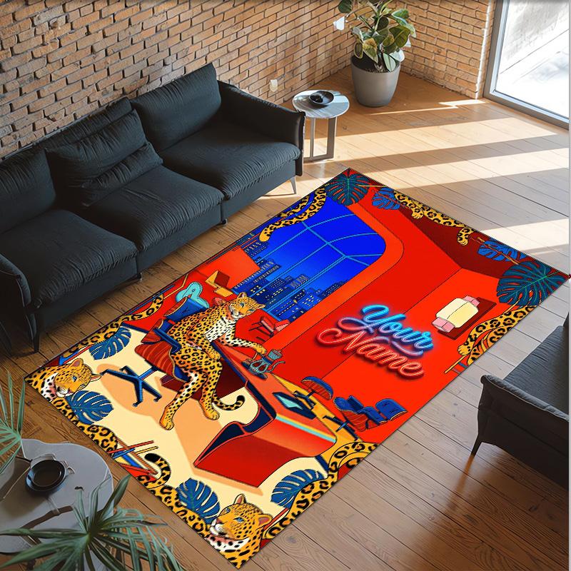 Leopard Theme Crystal Velvet Floor Rug Personalized Custom Name Text Warm Carpet Home Decoration