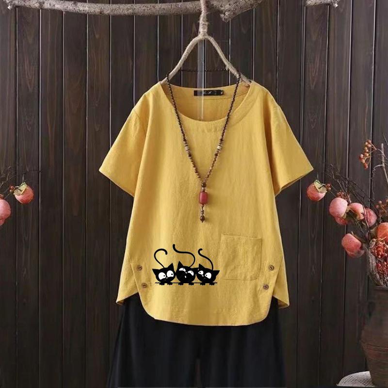 Women's Fashion Black Cat Prined Summer Casual Loose Short Sleeve T-shirt Summer Blouse Tops