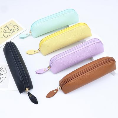 Faux Leather Pencil Case Large Capacity Pen Pouch with Zipper Simple Cylindrical Pencil