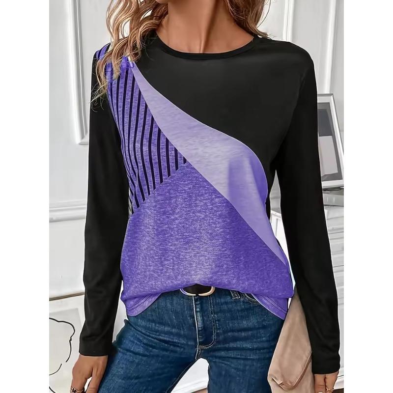 Women's 3D Color Block Stripe Print T-Shirt Fashion Long Sleeve Crew Neck Regular Tops Holiday Weekend Spring Autumn