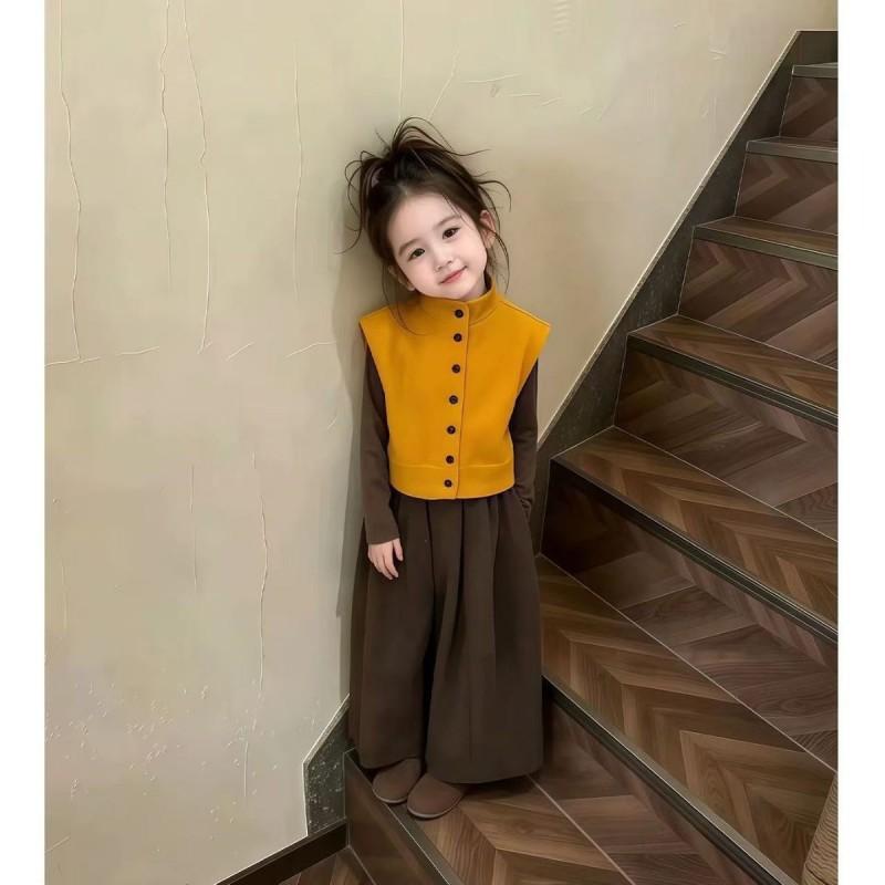 Girls 3-Piece Outfit Set Sweater Vest Long Sleeve Top Wide Leg Pants Casual Toddler Clothes