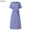 ZANZEA Damen Lässiges Rundhals-Kurzarmkleid mit Karomuster