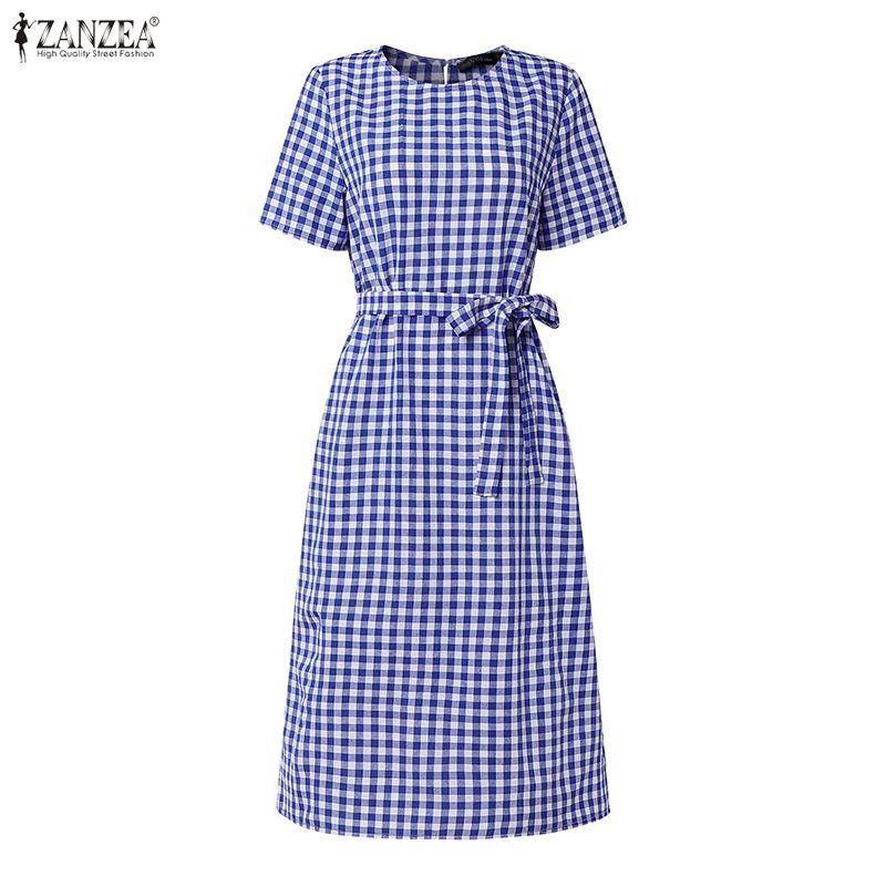 ZANZEA Damen Lässiges Rundhals-Kurzarmkleid mit Karomuster