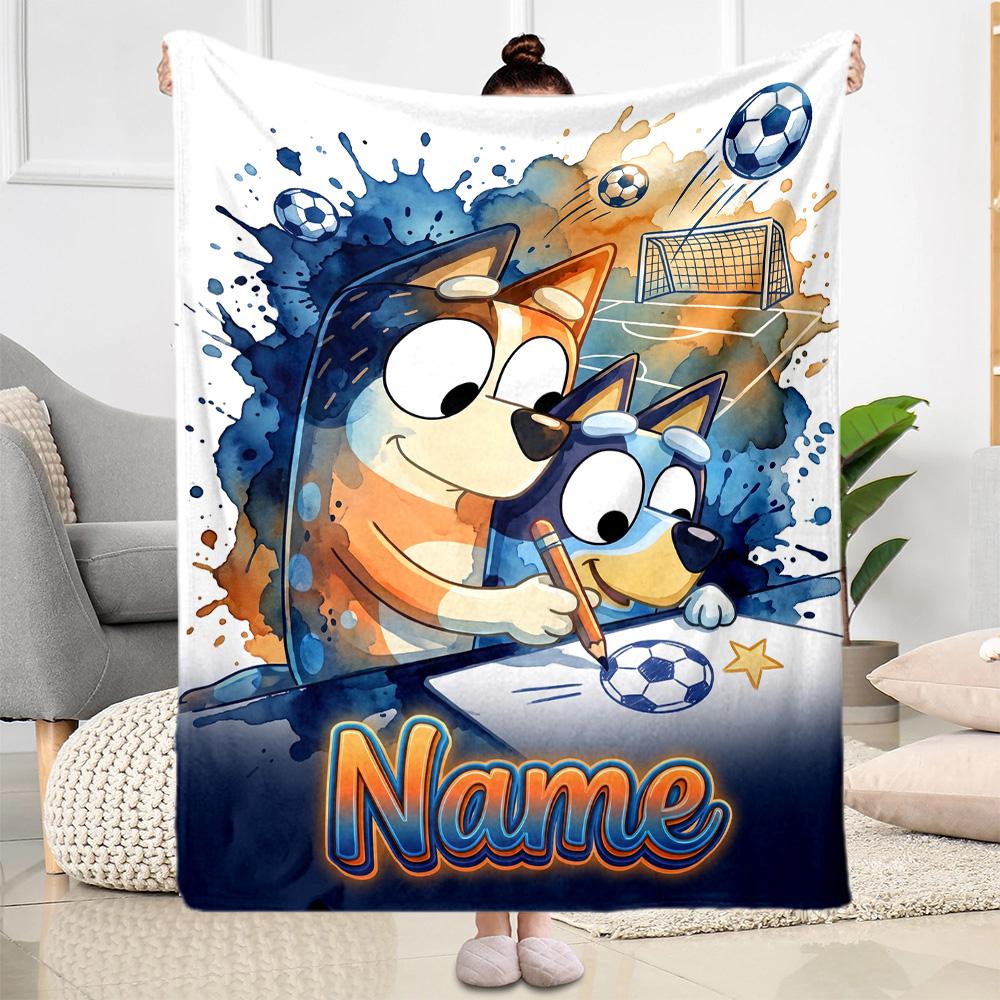 Soccer Fun Bluey Customize Text Blanket Throw Customizable Blanket Soft & Cozy Suitable for Bed Home Decor Couch Office Ideal for All Seasons