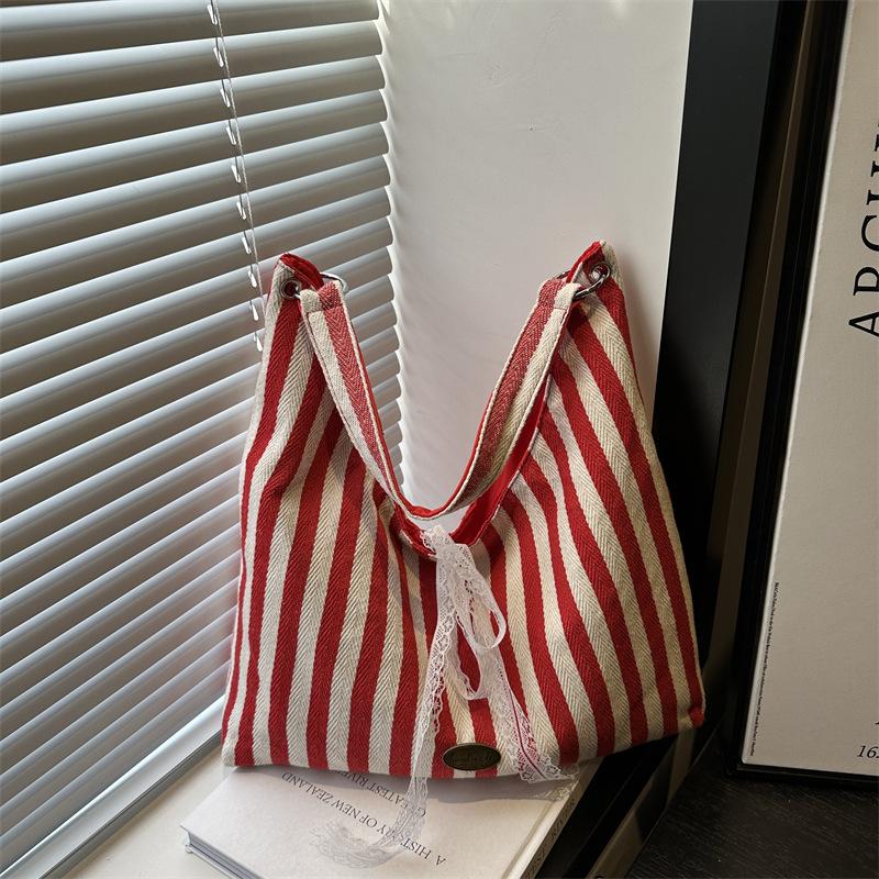 

Корейская холщовая сумка-тоут в полоску, женская, новая 2025 года, большой вместимости, на плечо, подмышку, сумка для поездок красный