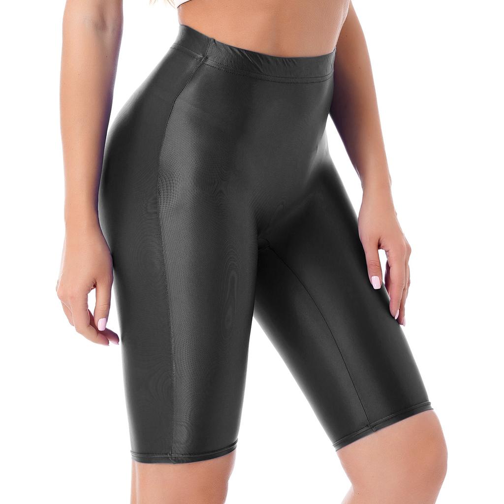 Womens High Waist Glossy Shorts Elastic Fit Workout Leggings Swimwear Athletic Casual Bottoms