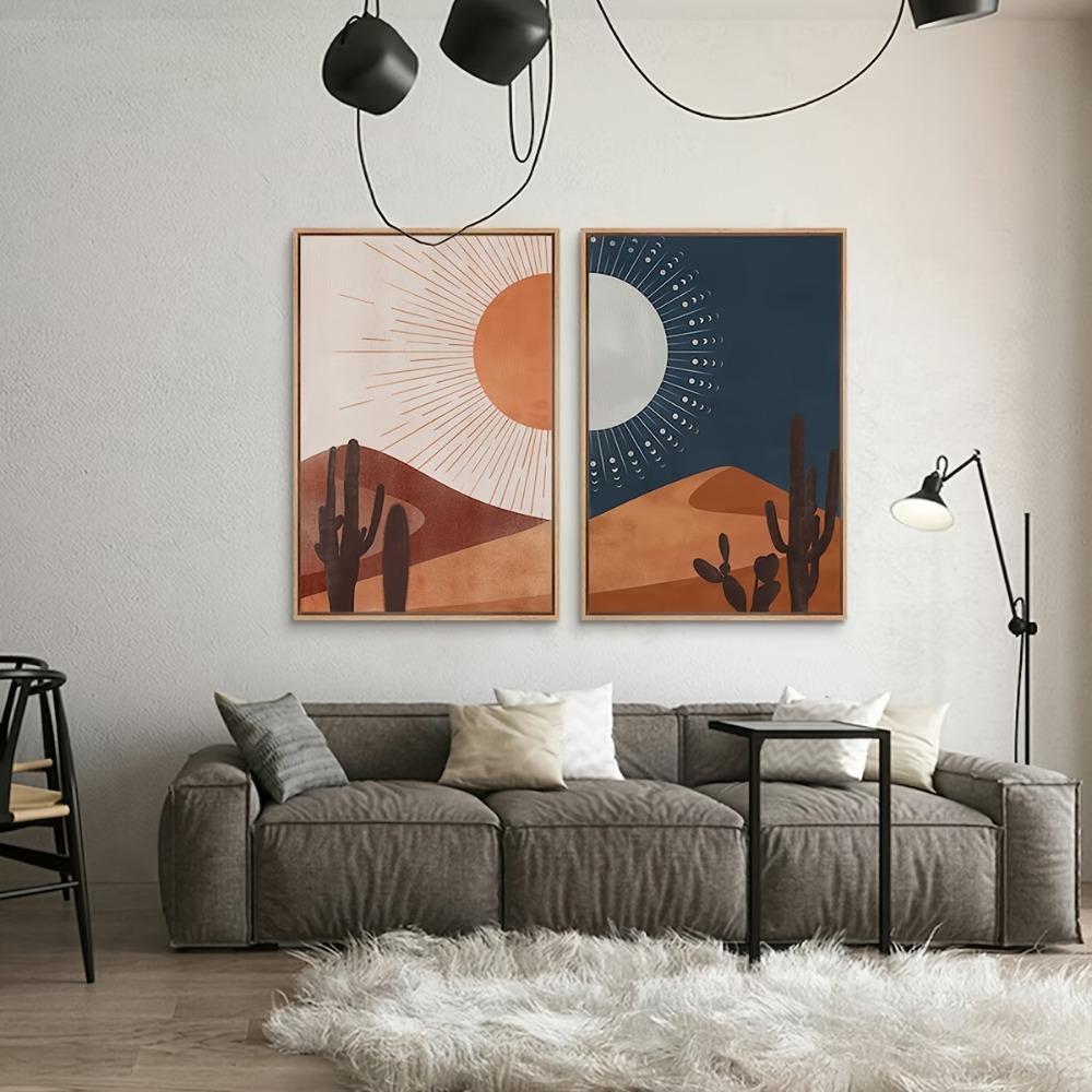 2pcs Frameless,Sun Moon Cactus Desert Landscape,Southwest Joshua Tree Picture Printing,Bohemian Style Home Decor Canvas Printing