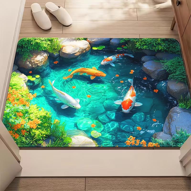 3D High-definition Printed Koi Fish Tank Door Mat Anti Slip Bathroom Floor Mat Suitable for Bedroom Living Room Entrance Carpet