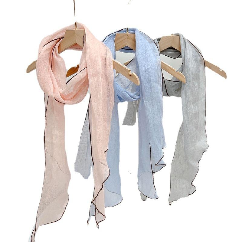 Spring and summer thin solid color lengthened diamond scarf Japanese sunscreen scarf irregular linen neck protection shawls