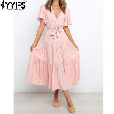 Women's Fashion Summer Spring Solid Color Print Short Sleeve V-Neck High Waist Casual Dresses