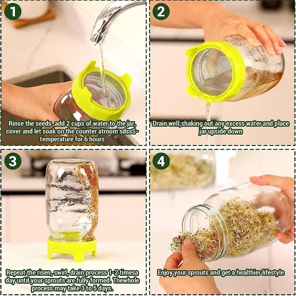 Plastic Sprouting Lid For Wide Mouth Jars Grow Bean Sprouts Stainless Steel Screen Mesh Vegetable Germination Cover Lid